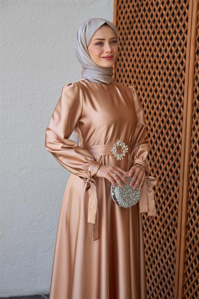 Taş Kemerli Saten Abiye - Somon