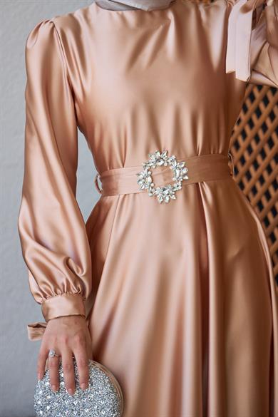 Taş Kemerli Saten Abiye - Somon