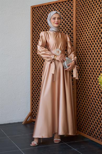 Taş Kemerli Saten Abiye - Somon