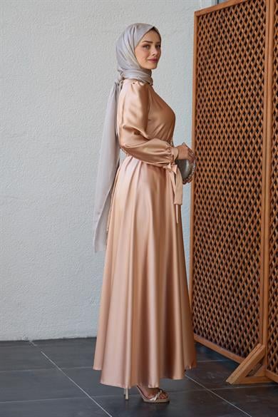 Taş Kemerli Saten Abiye - Somon