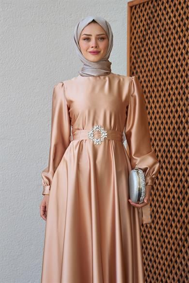 Taş Kemerli Saten Abiye - Somon