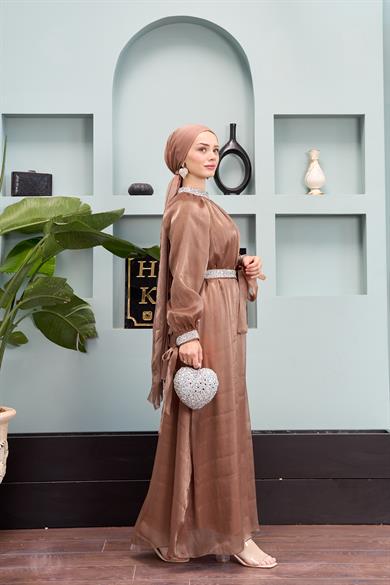 Evening Dress with Stone Decoration Detail - Copper