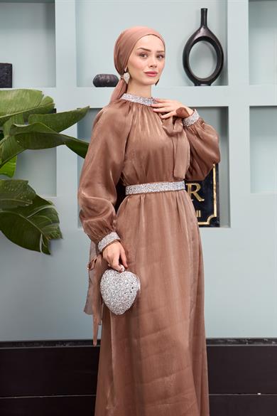 Evening Dress with Stone Decoration Detail - Copper