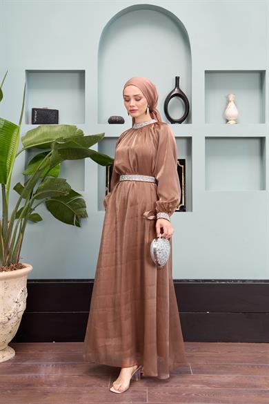 Evening Dress with Stone Decoration Detail - Copper