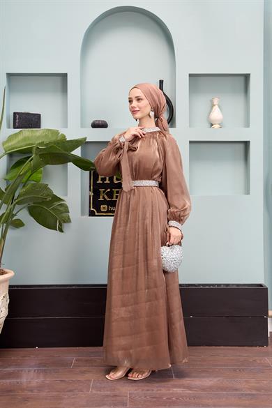 Evening Dress with Stone Decoration Detail - Copper