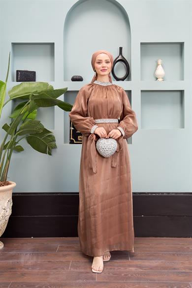 Evening Dress with Stone Decoration Detail - Copper