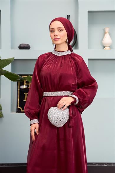 Evening Dress with Stone Decoration Detail - Claret Red
