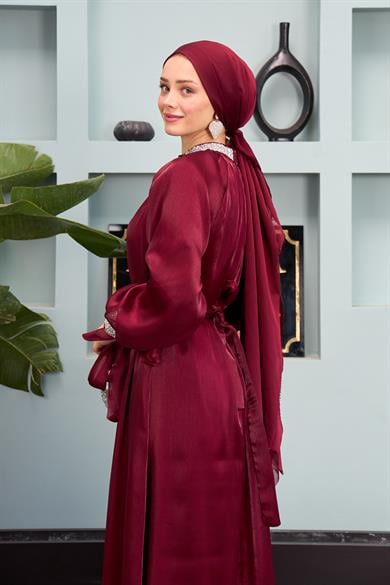 Evening Dress with Stone Decoration Detail - Claret Red