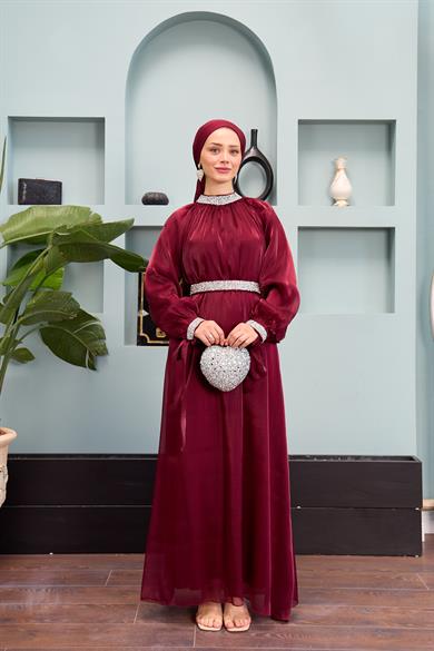 Evening Dress with Stone Decoration Detail - Claret Red