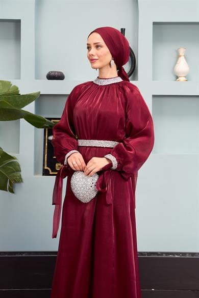Evening Dress with Stone Decoration Detail - Claret Red