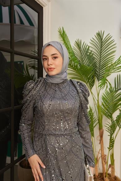Omuz Detaylı Taş Süsleme Abiye - Gri