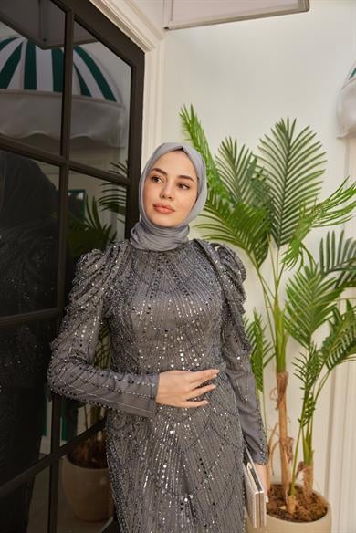 Omuz Detaylı Taş Süsleme Abiye - Gri