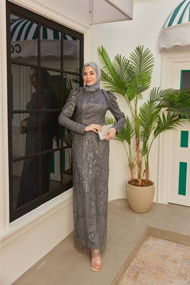 Omuz Detaylı Taş Süsleme Abiye - Gri