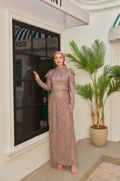 Omuz Detaylı Taş Süsleme Abiye - Gül Kurusu