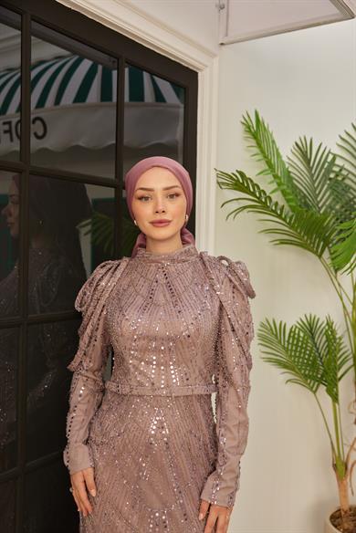 Omuz Detaylı Taş Süsleme Abiye - Gül Kurusu