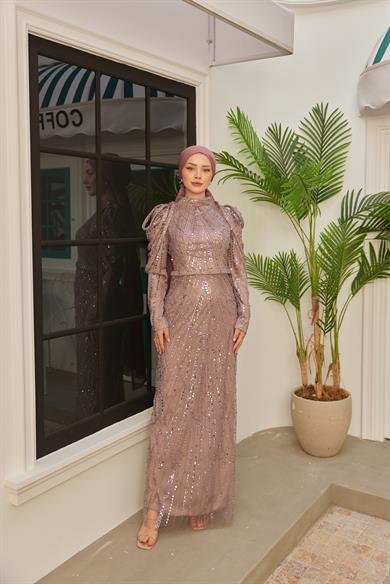 Omuz Detaylı Taş Süsleme Abiye - Gül Kurusu