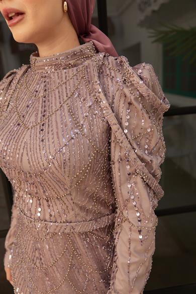 Omuz Detaylı Taş Süsleme Abiye - Gül Kurusu