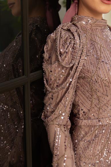 Omuz Detaylı Taş Süsleme Abiye - Gül Kurusu