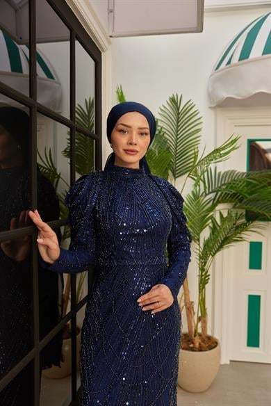 Omuz Detaylı Taş Süsleme Abiye - Lacivert