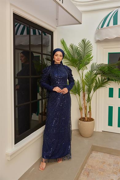 Omuz Detaylı Taş Süsleme Abiye - Lacivert