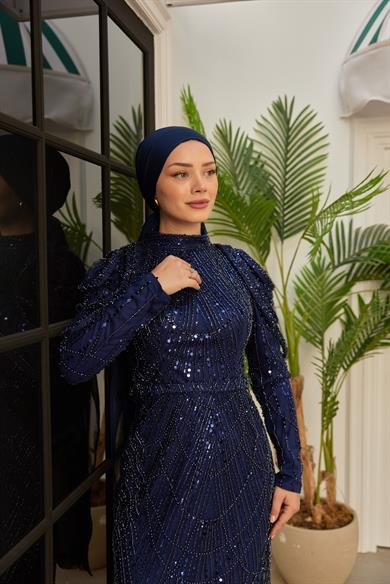 Omuz Detaylı Taş Süsleme Abiye - Lacivert