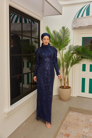 Omuz Detaylı Taş Süsleme Abiye - Lacivert