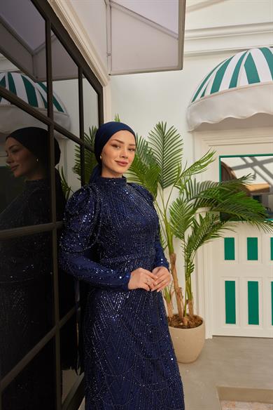 Omuz Detaylı Taş Süsleme Abiye - Lacivert