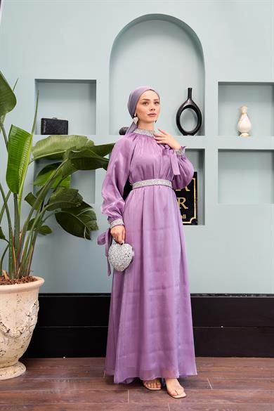Evening Dress with Stone Decoration Detail - Lilac