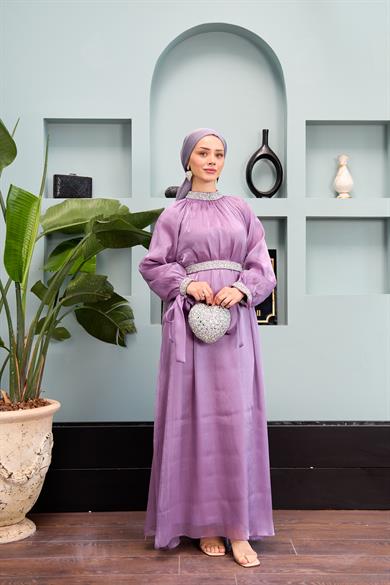 Evening Dress with Stone Decoration Detail - Lilac