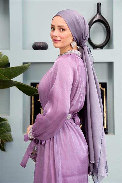 Evening Dress with Stone Decoration Detail - Lilac