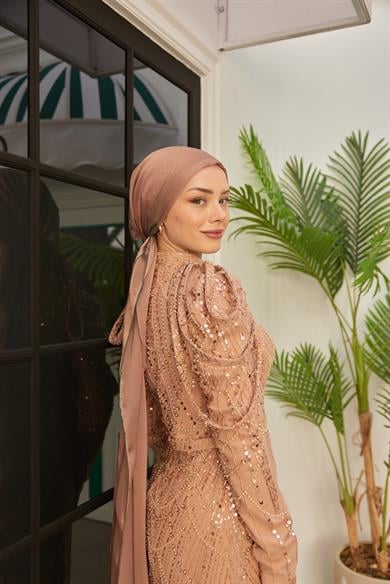 Omuz Detaylı Taş Süsleme Abiye - Somon