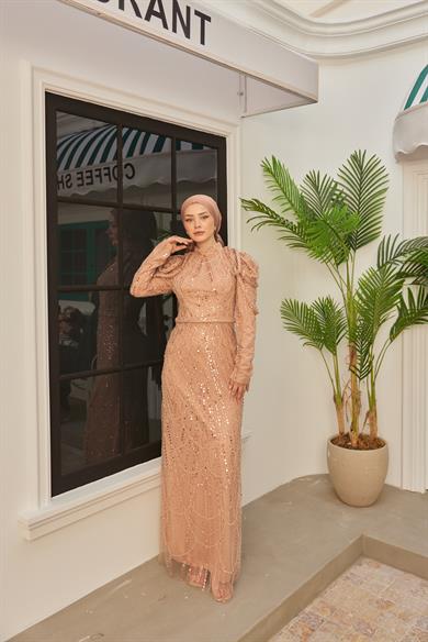 Omuz Detaylı Taş Süsleme Abiye - Somon