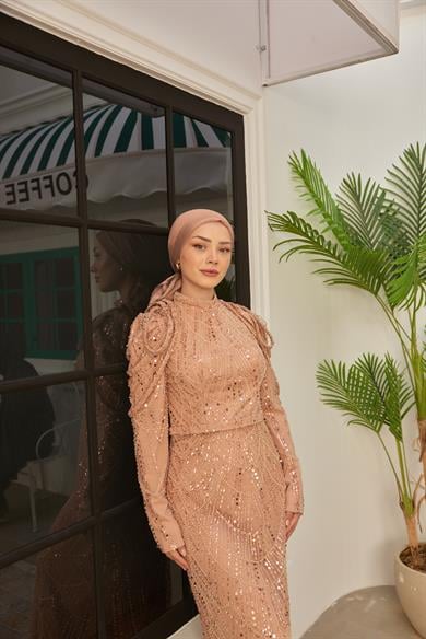 Omuz Detaylı Taş Süsleme Abiye - Somon