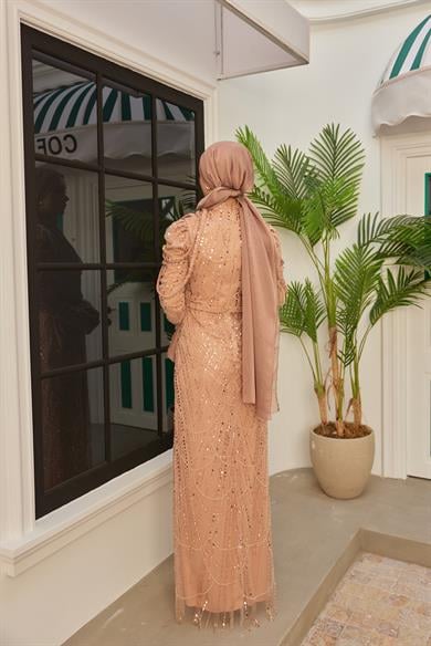 Omuz Detaylı Taş Süsleme Abiye - Somon