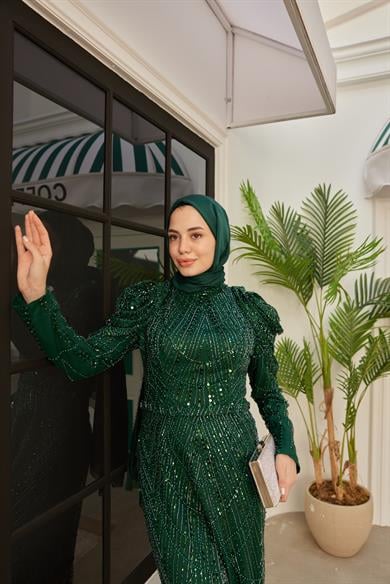 Omuz Detaylı Taş Süsleme Abiye- Zümrüt Yeşil