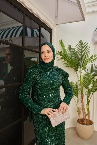 Omuz Detaylı Taş Süsleme Abiye- Zümrüt Yeşil