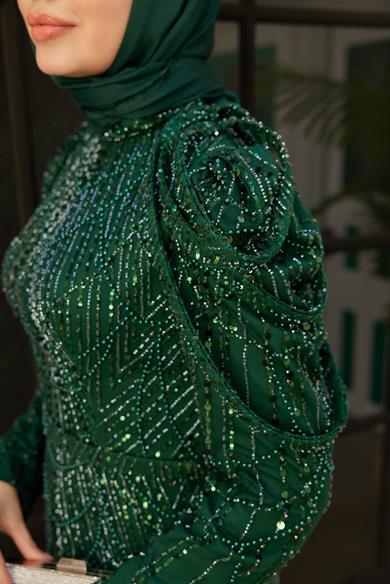 Omuz Detaylı Taş Süsleme Abiye- Zümrüt Yeşil