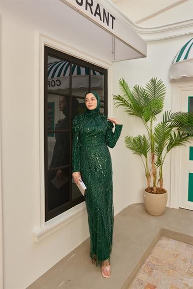 Omuz Detaylı Taş Süsleme Abiye- Zümrüt Yeşil