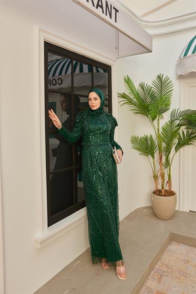 Omuz Detaylı Taş Süsleme Abiye- Zümrüt Yeşil