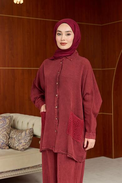 Tasarım Cep Detay Pantolon Takım - Bordo