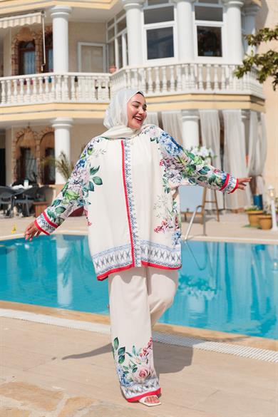 Tasarım Desenli Pantolon Takım - Ekru