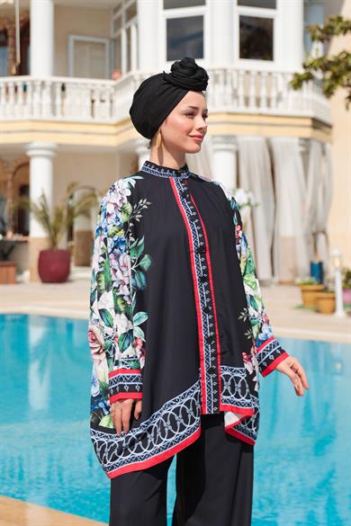 Tasarım Desenli Pantolon Takım - Siyah-Çiçek İşleme
