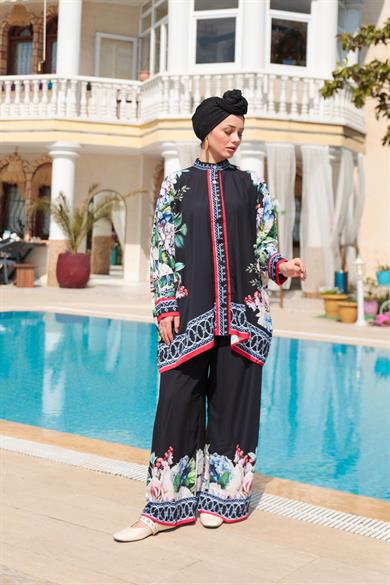 Tasarım Desenli Pantolon Takım - Siyah-Çiçek İşleme