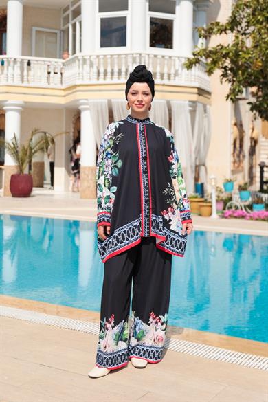 Tasarım Desenli Pantolon Takım - Siyah-Çiçek İşleme