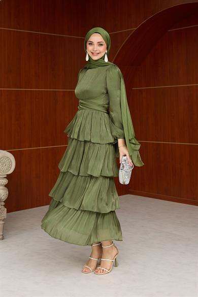 Tasarım Kat Kat Detay Işıltı Abiye - Haki