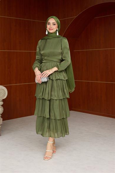 Tasarım Kat Kat Detay Işıltı Abiye - Haki