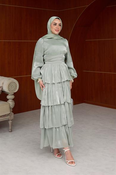 Tasarım Kat Kat Detay Işıltı Abiye - Mint Yeşil