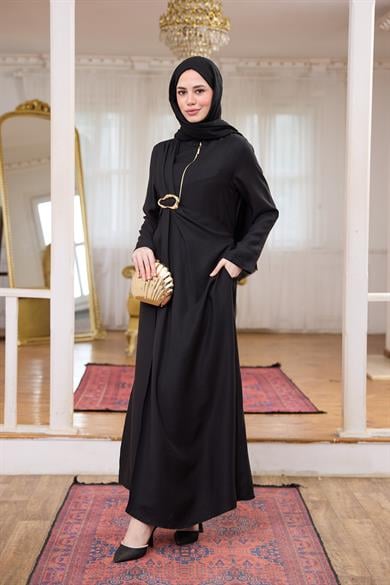 Tensel Fermuar Detay Elbise - Siyah
