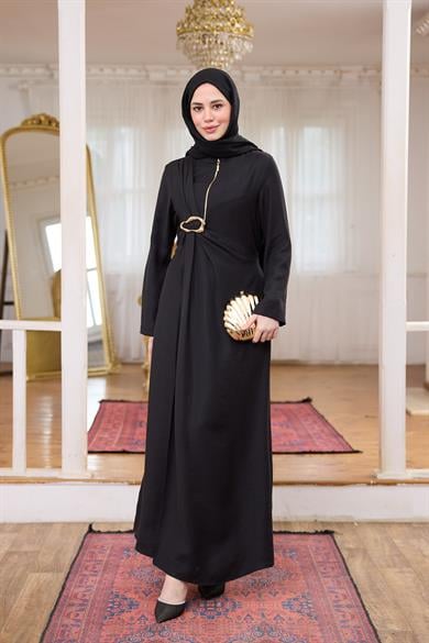 Tensel Fermuar Detay Elbise - Siyah