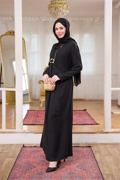 Tensel Fermuar Detay Elbise - Siyah